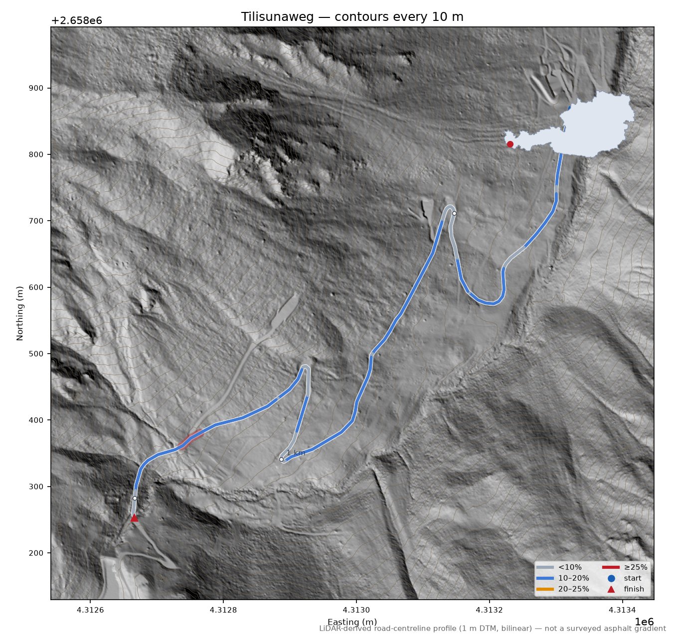 Tilisunaweg LiDAR hillshade map with contours