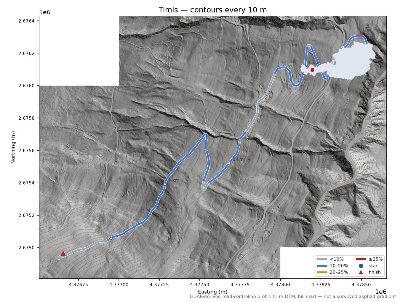 Timls LiDAR hillshade map with contours