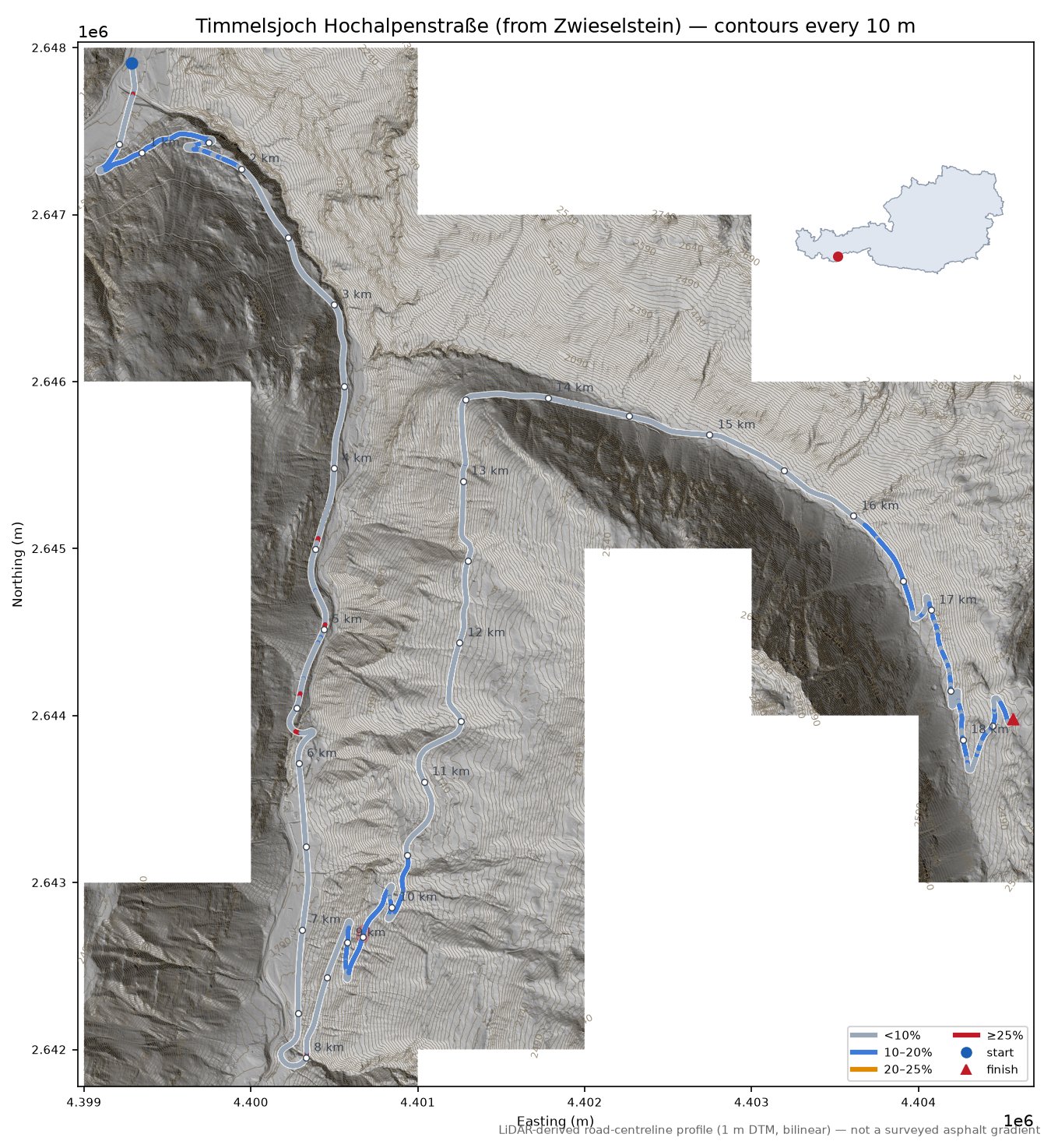 Timmelsjoch Hochalpenstraße LiDAR hillshade map with contours