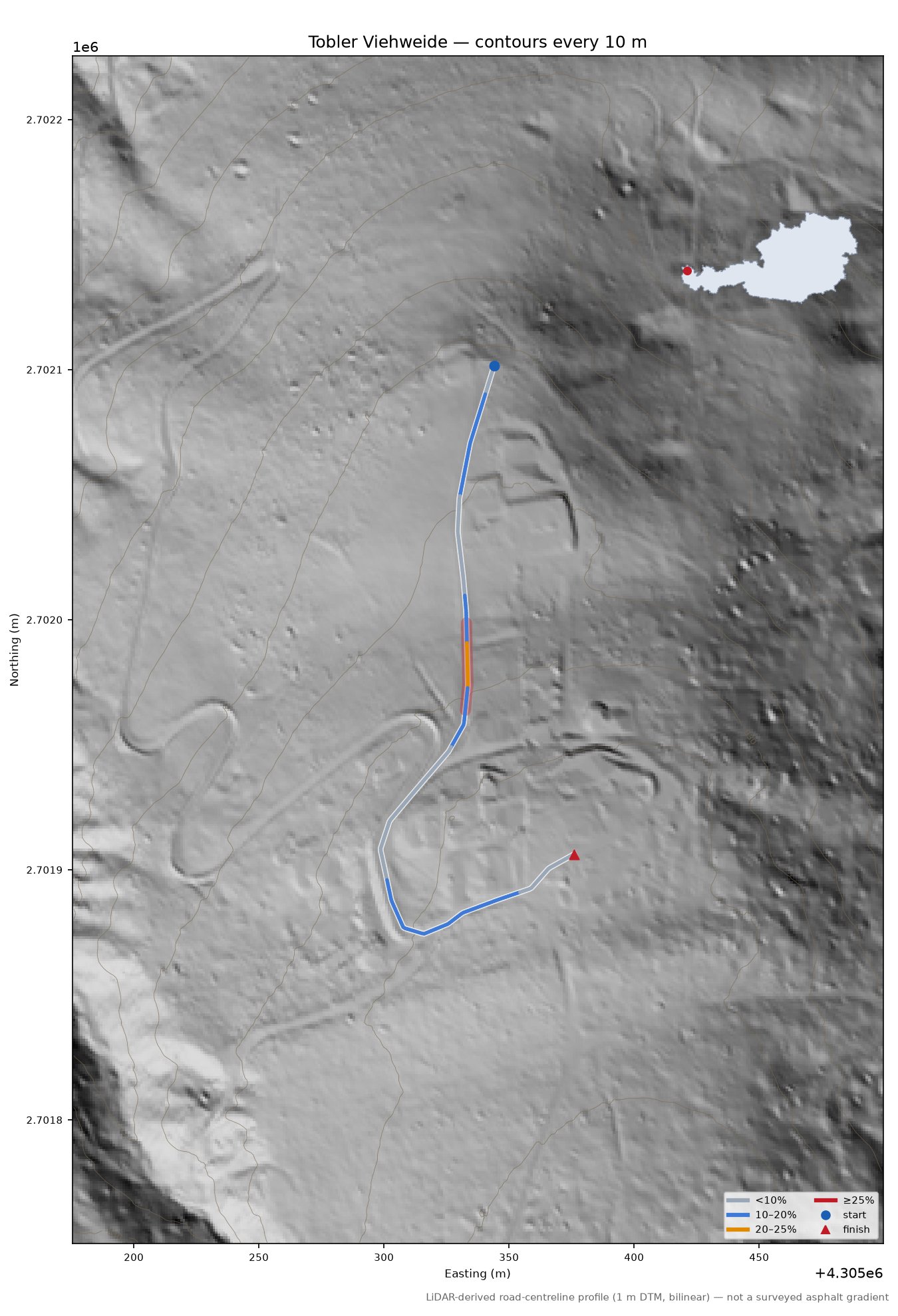 Tobler Viehweide LiDAR hillshade map with contours