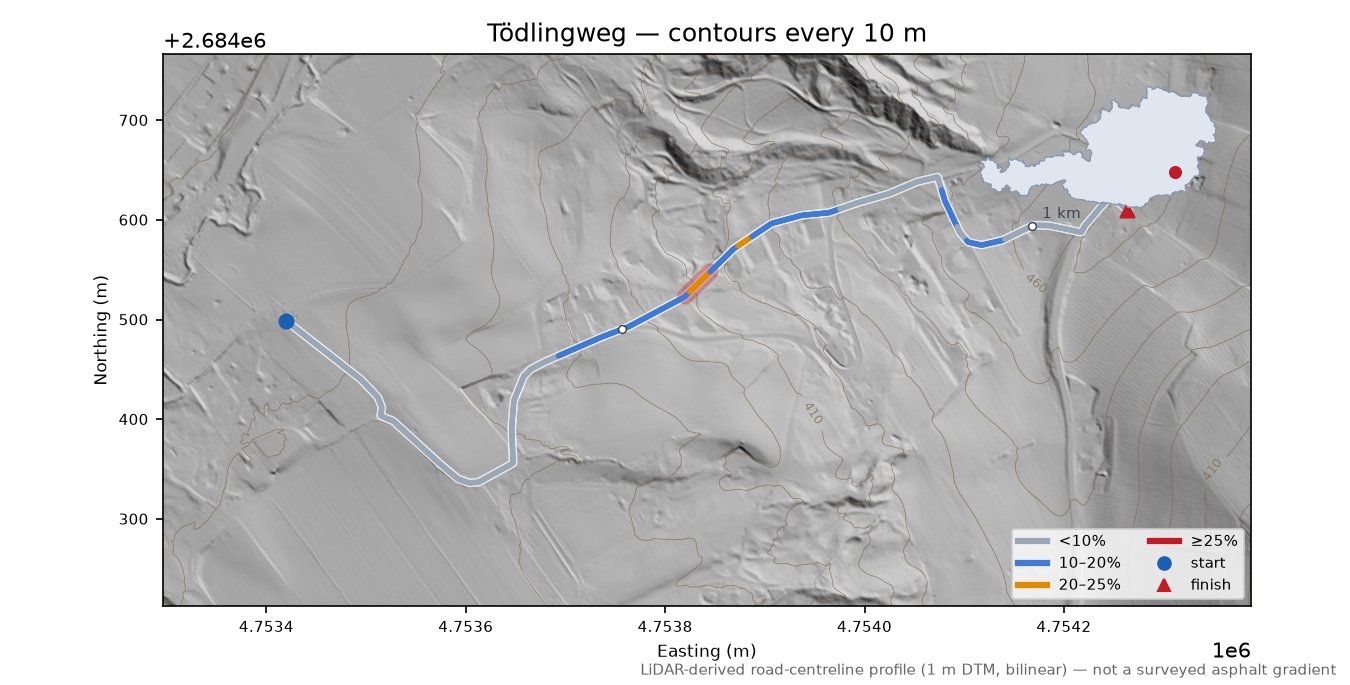 Tödlingweg LiDAR hillshade map with contours