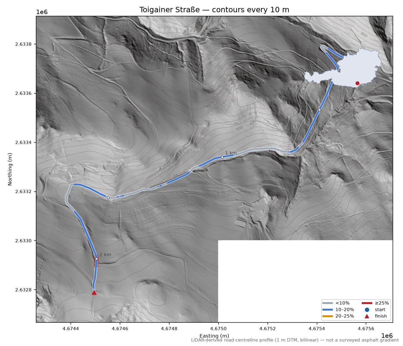Toigainer Straße LiDAR hillshade map with contours