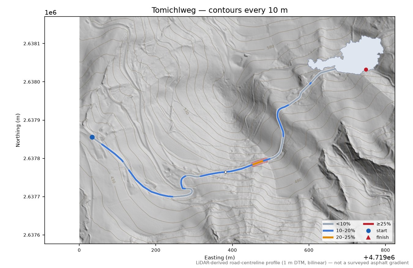 Tomichlweg LiDAR hillshade map with contours