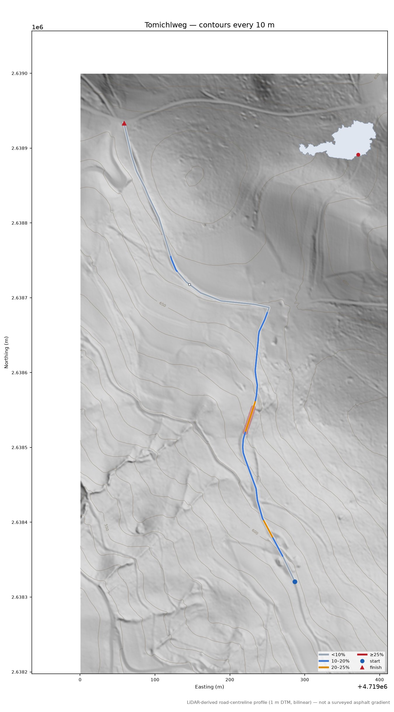 Tomichlweg LiDAR hillshade map with contours