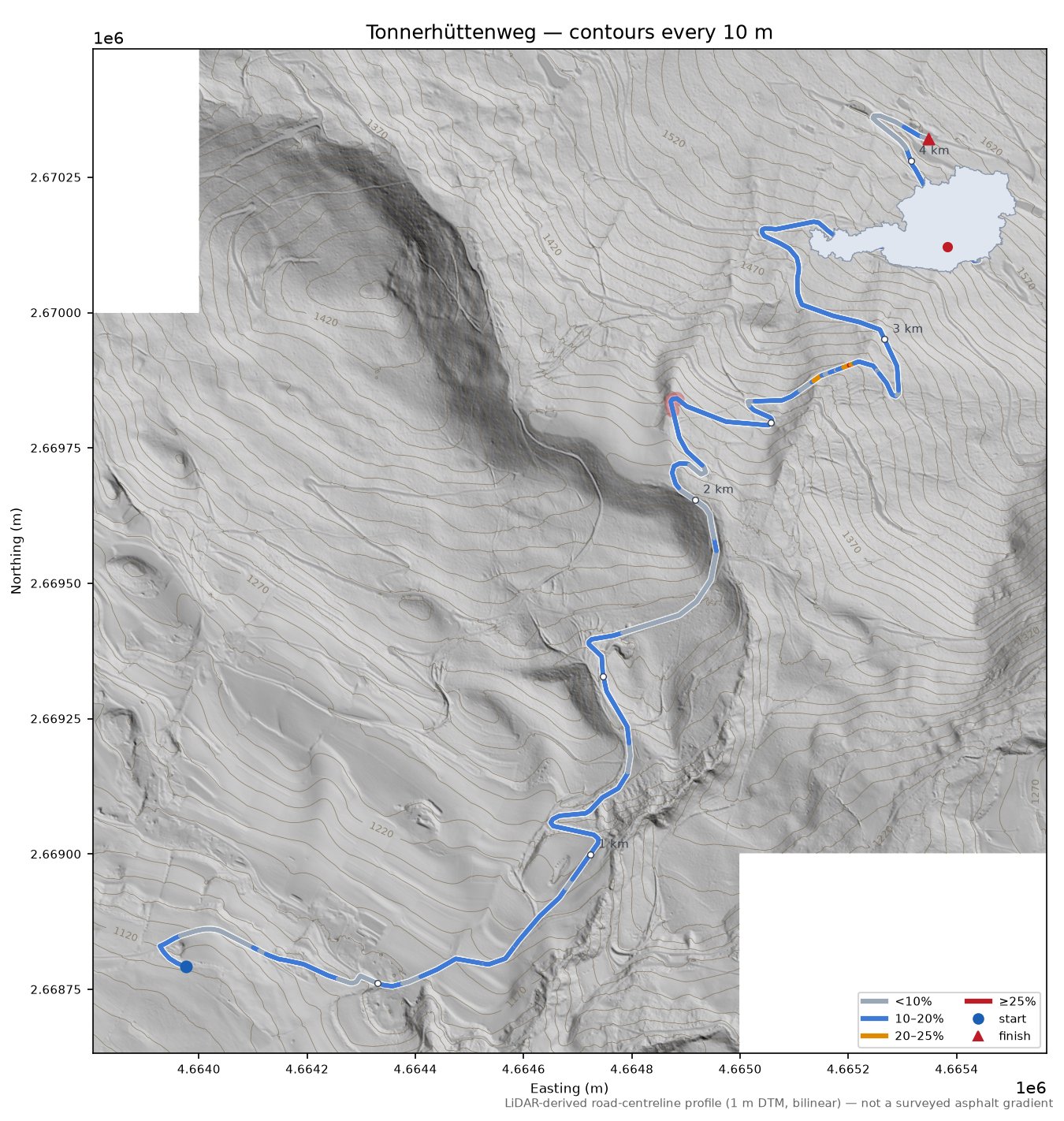 Tonnerhüttenweg LiDAR hillshade map with contours