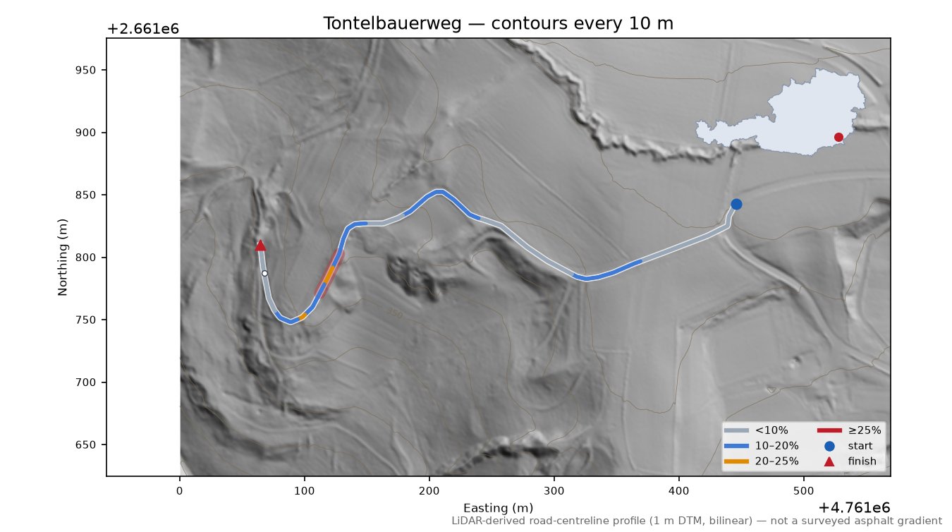 Tontelbauerweg LiDAR hillshade map with contours