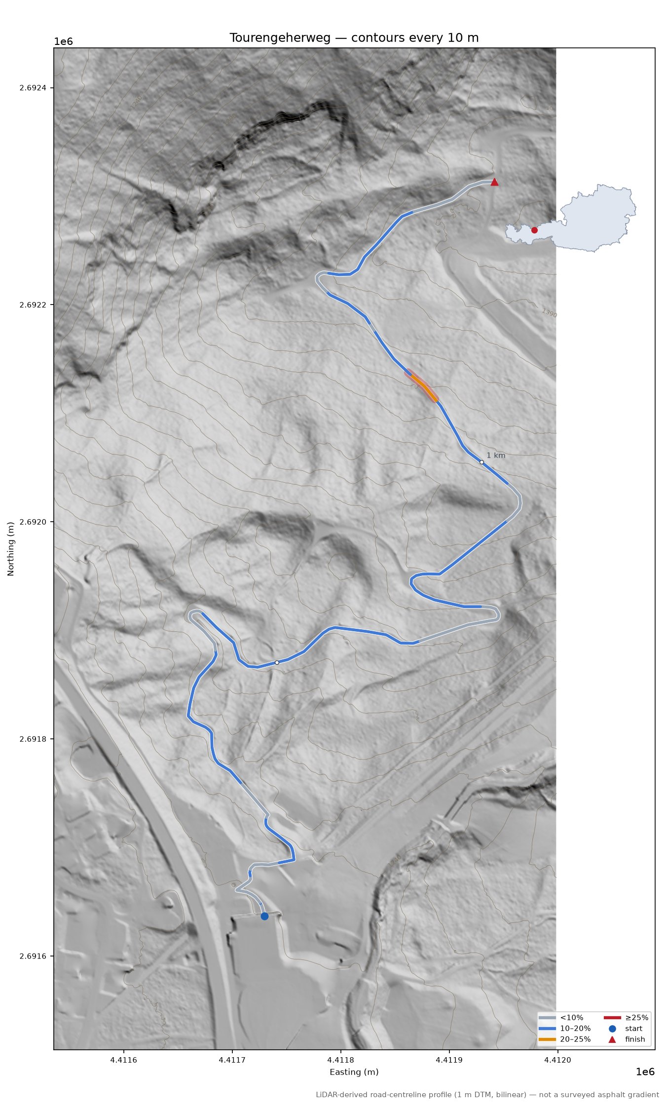 Tourengeherweg LiDAR hillshade map with contours