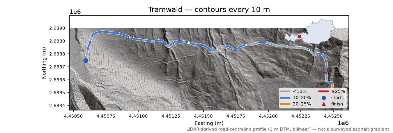 Tramwald LiDAR hillshade map with contours