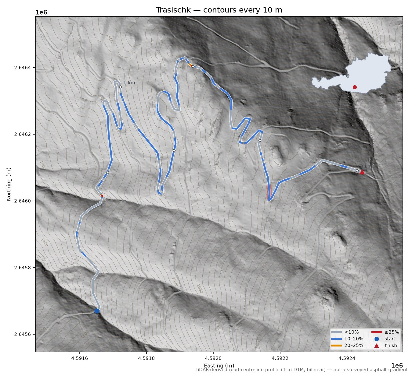 Trasischk LiDAR hillshade map with contours