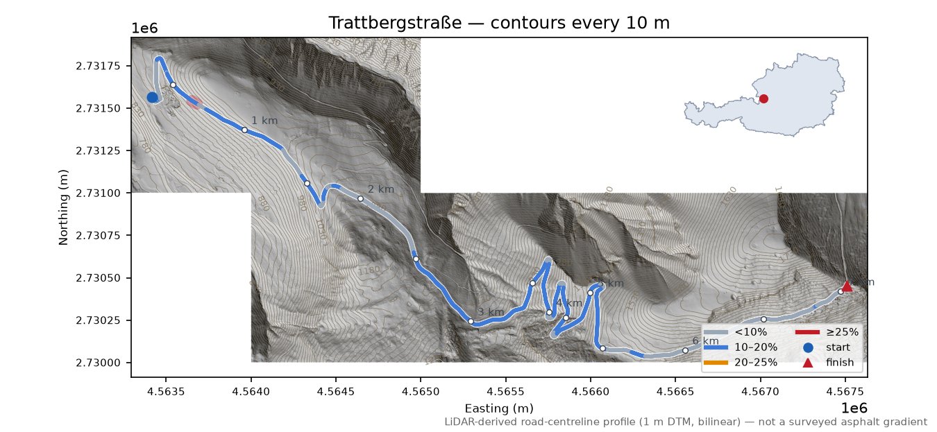 Trattbergstraße LiDAR hillshade map with contours