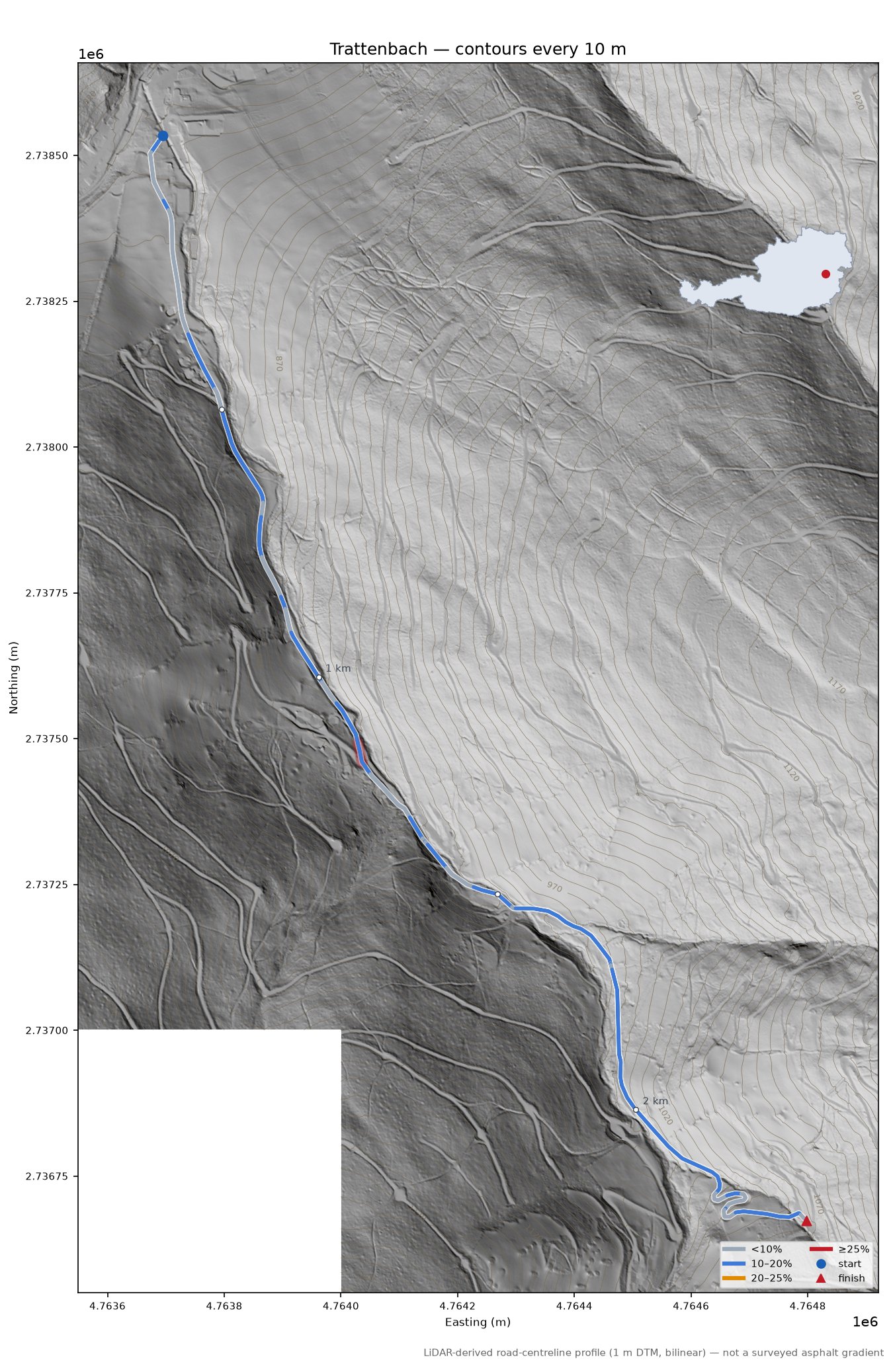Trattenbach LiDAR hillshade map with contours