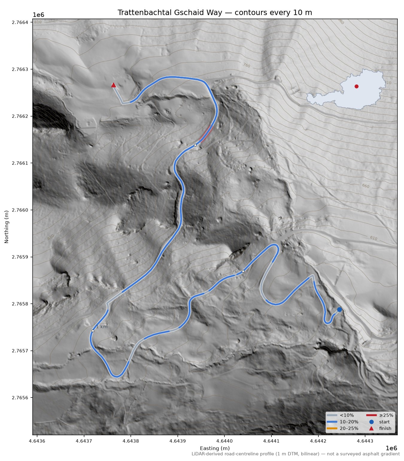 Trattenbachtal Gschaid Way LiDAR hillshade map with contours