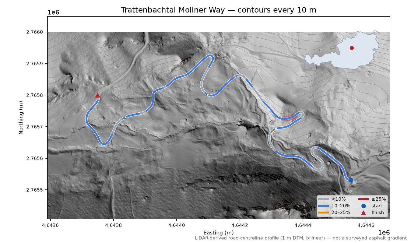 Trattenbachtal Mollner Way LiDAR hillshade map with contours