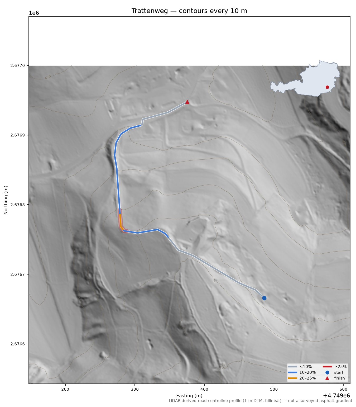 Trattenweg LiDAR hillshade map with contours