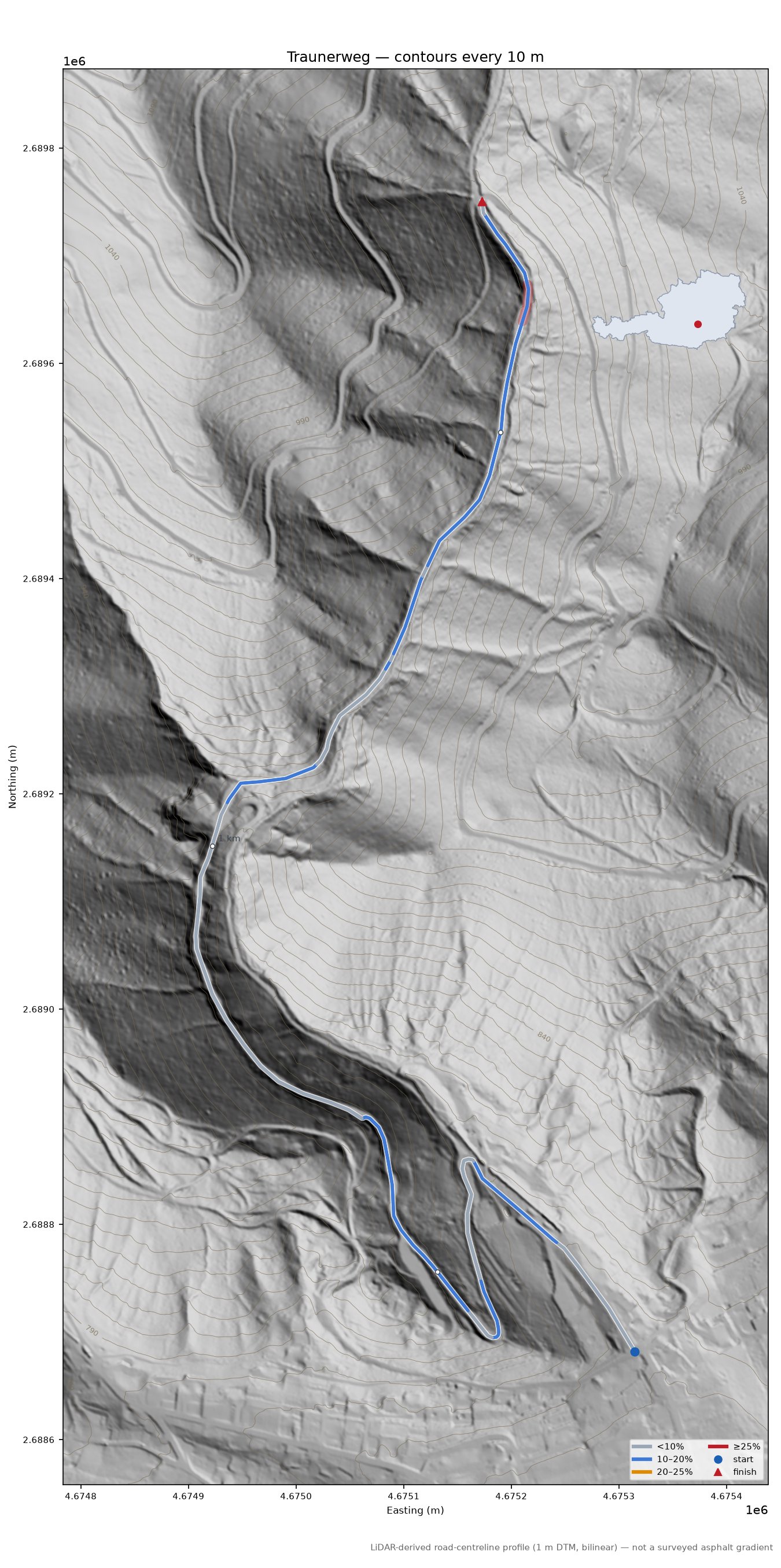 Traunerweg LiDAR hillshade map with contours
