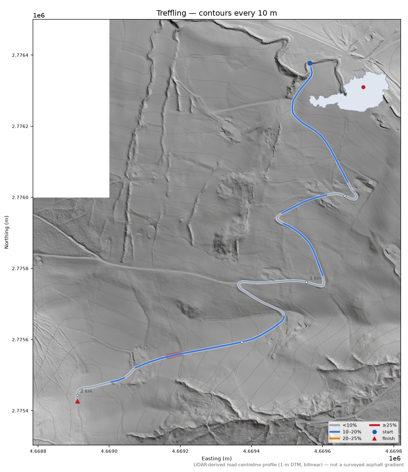 Treffling LiDAR hillshade map with contours