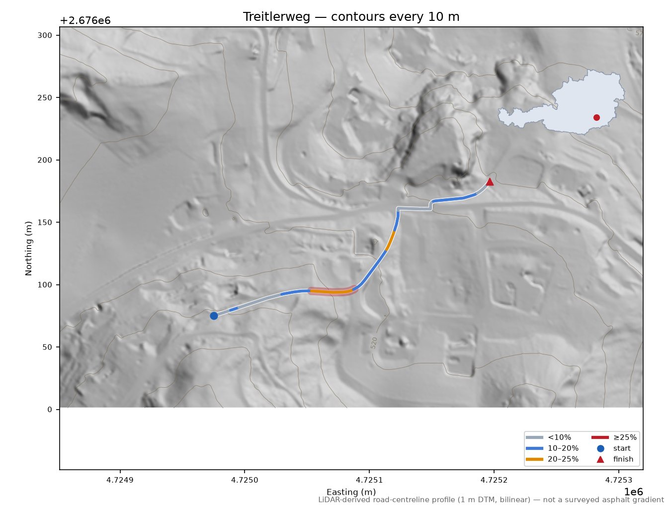 Treitlerweg LiDAR hillshade map with contours