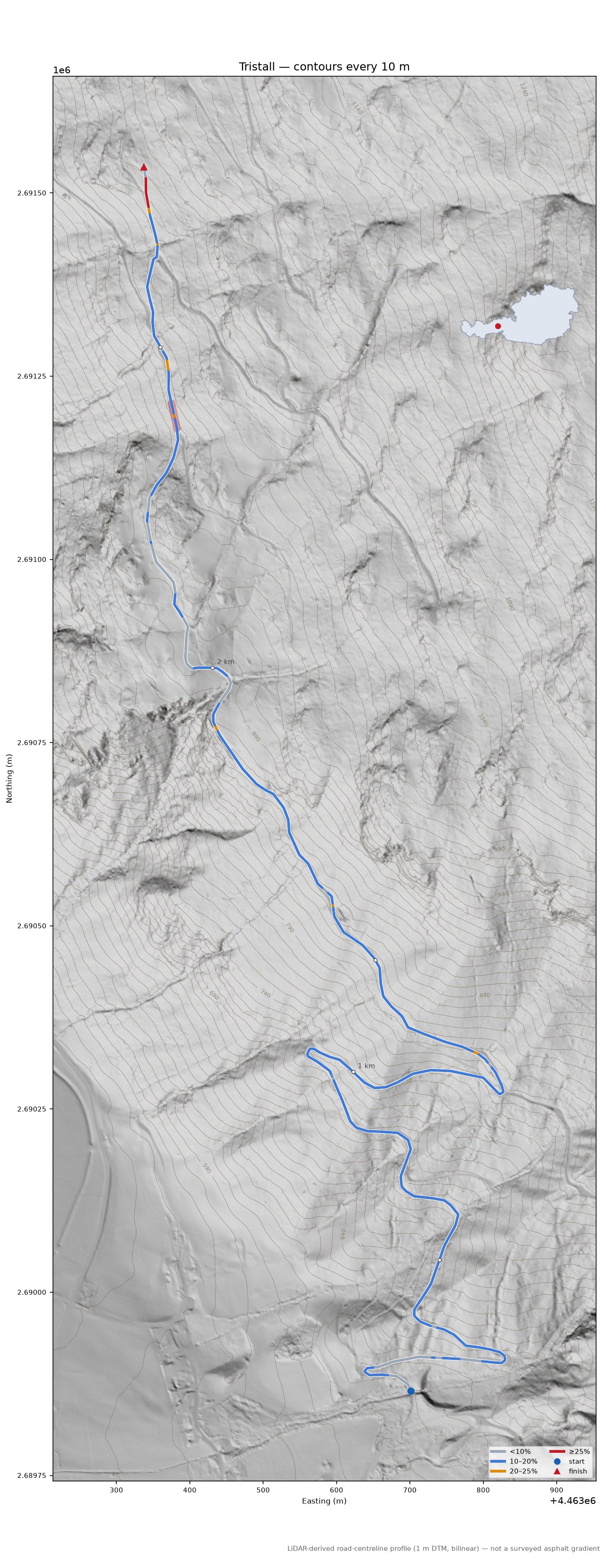 Tristall LiDAR hillshade map with contours