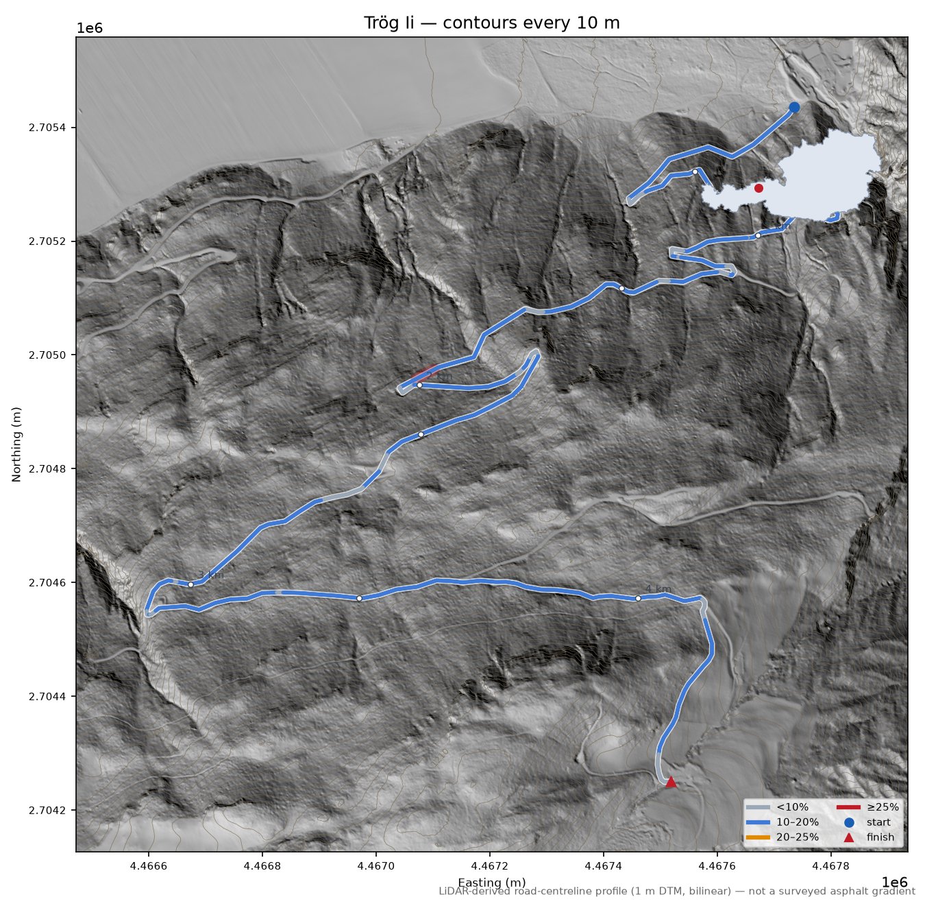 Trög Ii LiDAR hillshade map with contours