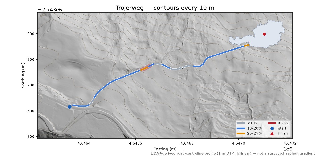 Trojerweg LiDAR hillshade map with contours