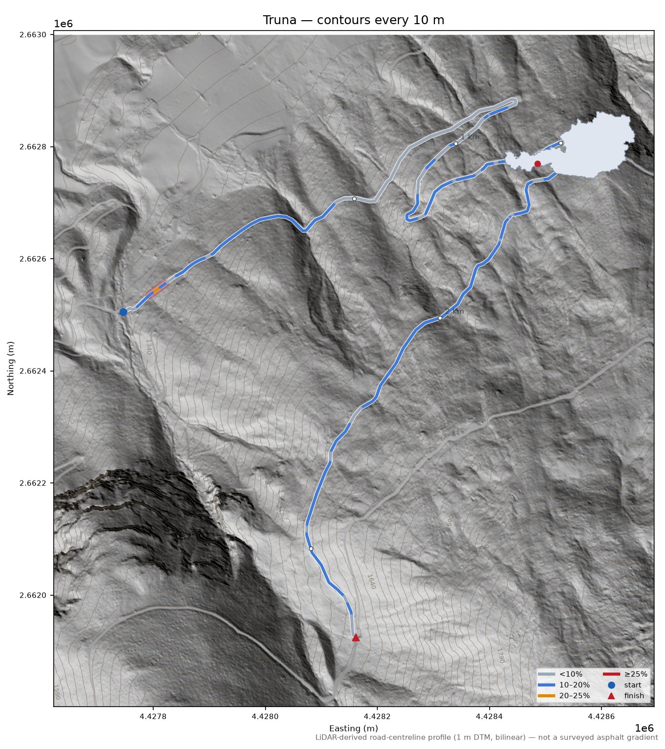 Truna LiDAR hillshade map with contours