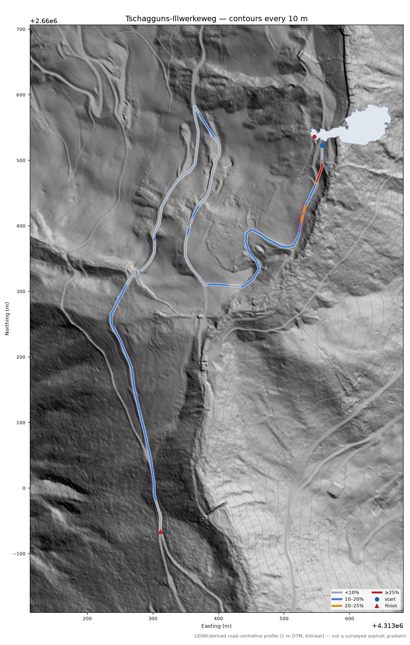 Tschagguns-Illwerkeweg LiDAR hillshade map with contours