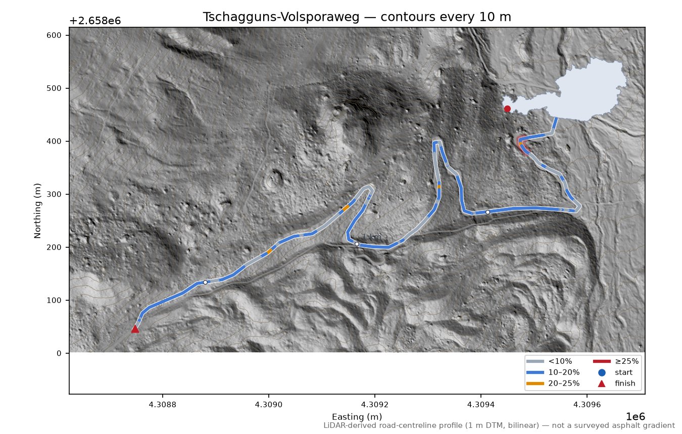 Tschagguns-Volsporaweg LiDAR hillshade map with contours
