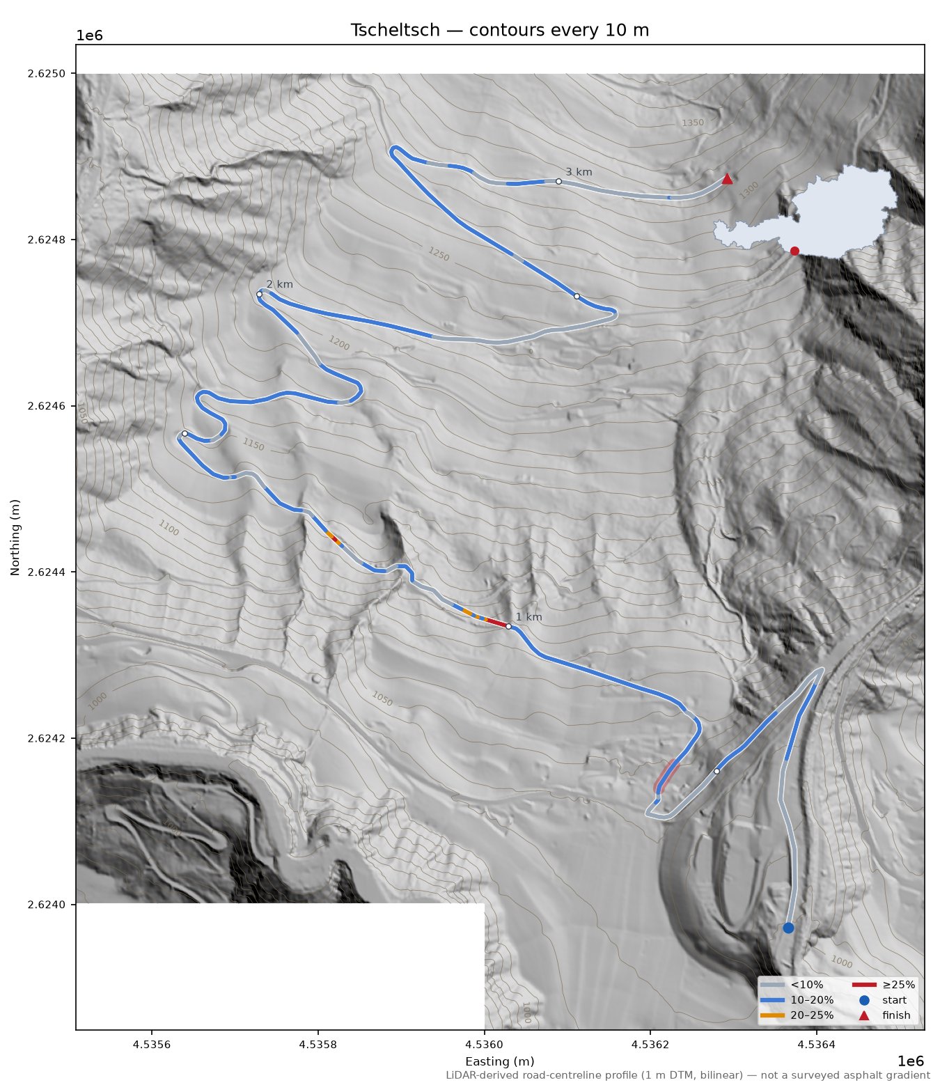 Tscheltsch LiDAR hillshade map with contours