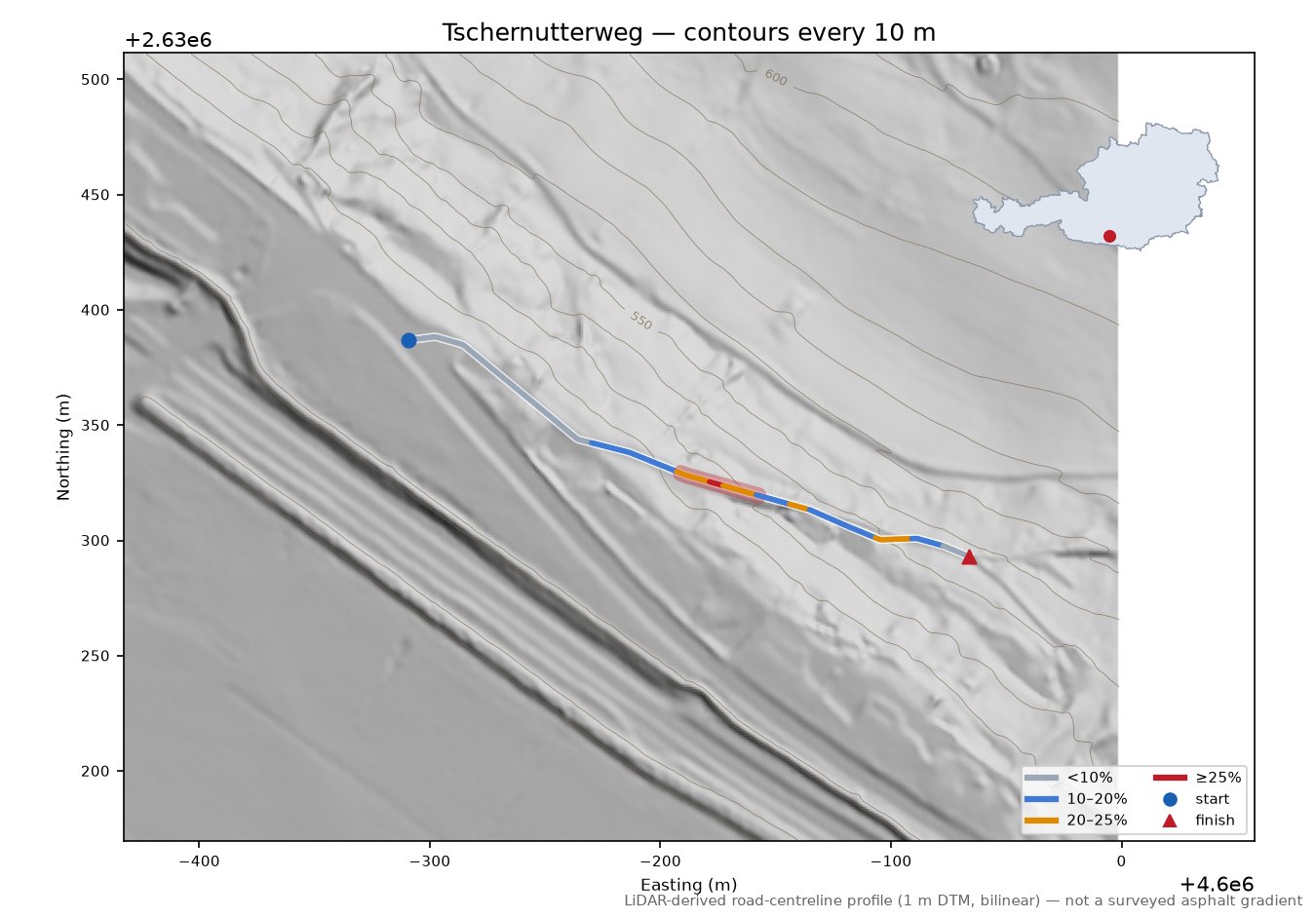 Tschernutterweg LiDAR hillshade map with contours