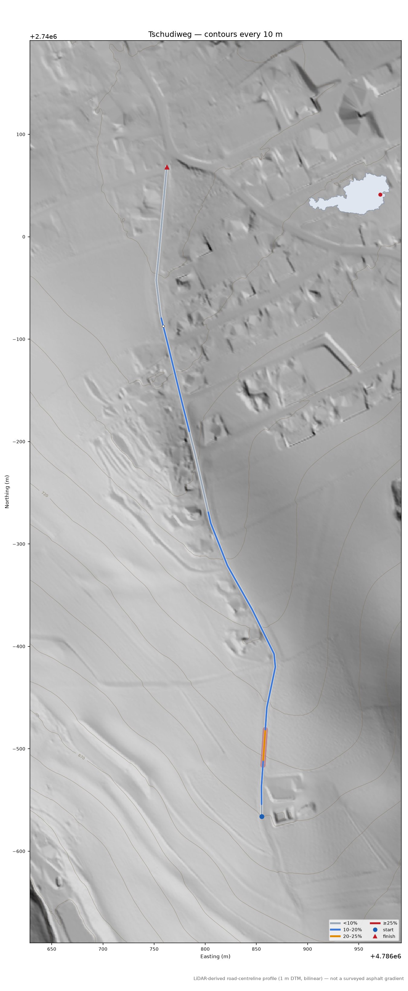 Tschudiweg LiDAR hillshade map with contours