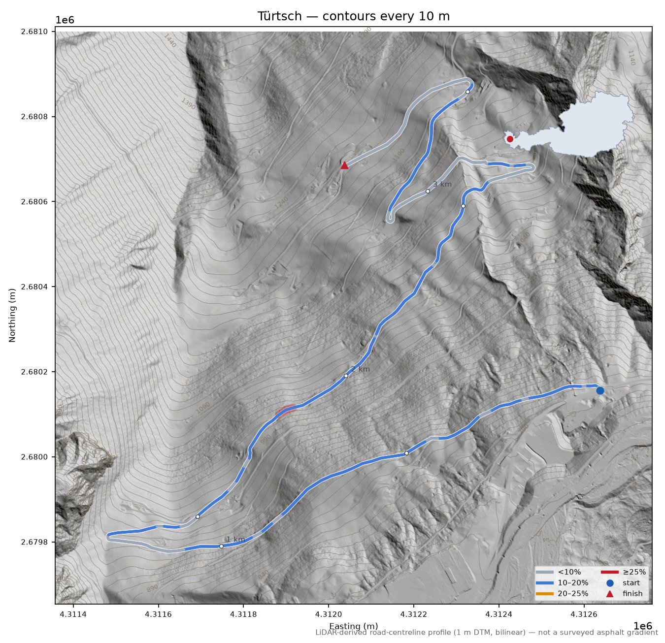 Türtsch LiDAR hillshade map with contours