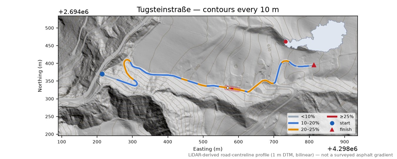 Tugsteinstraße LiDAR hillshade map with contours