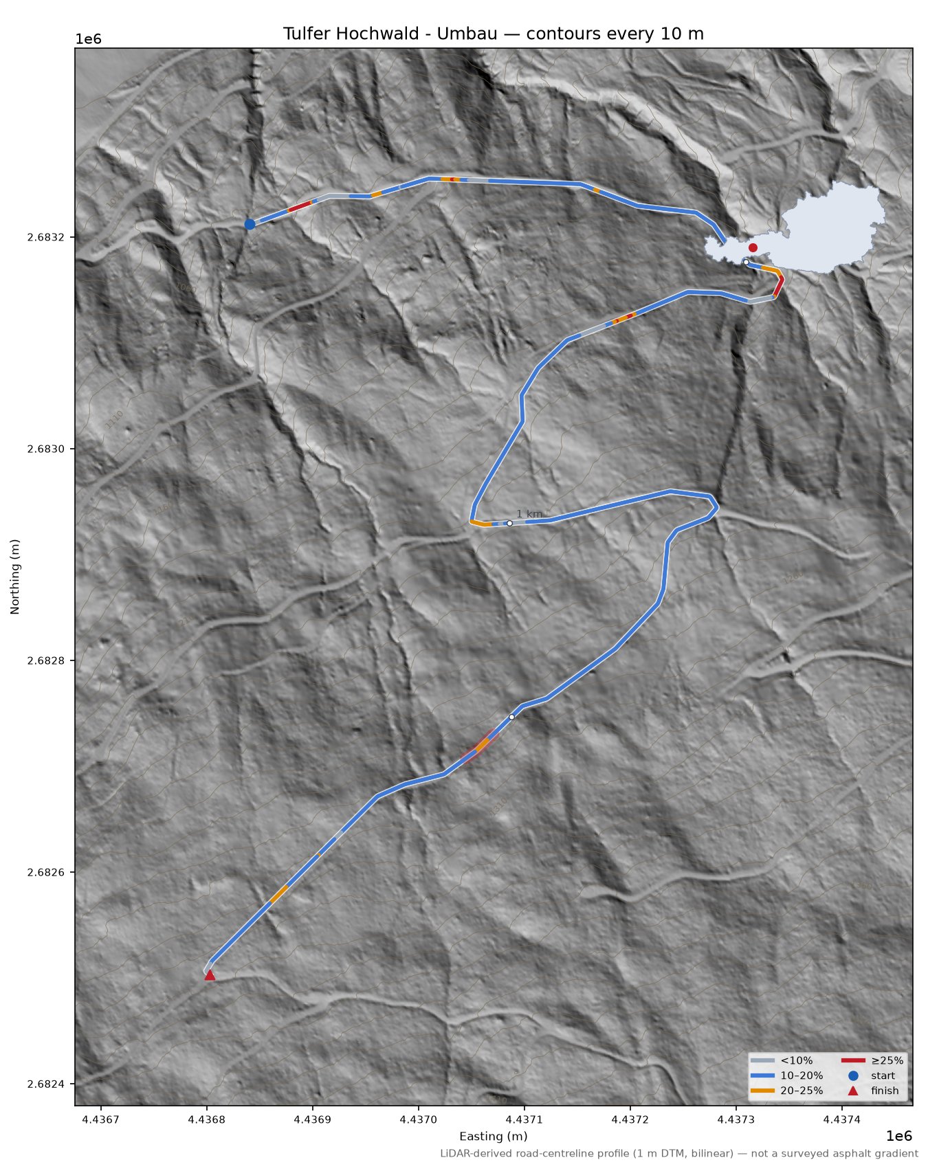 Tulfer Hochwald - Umbau LiDAR hillshade map with contours