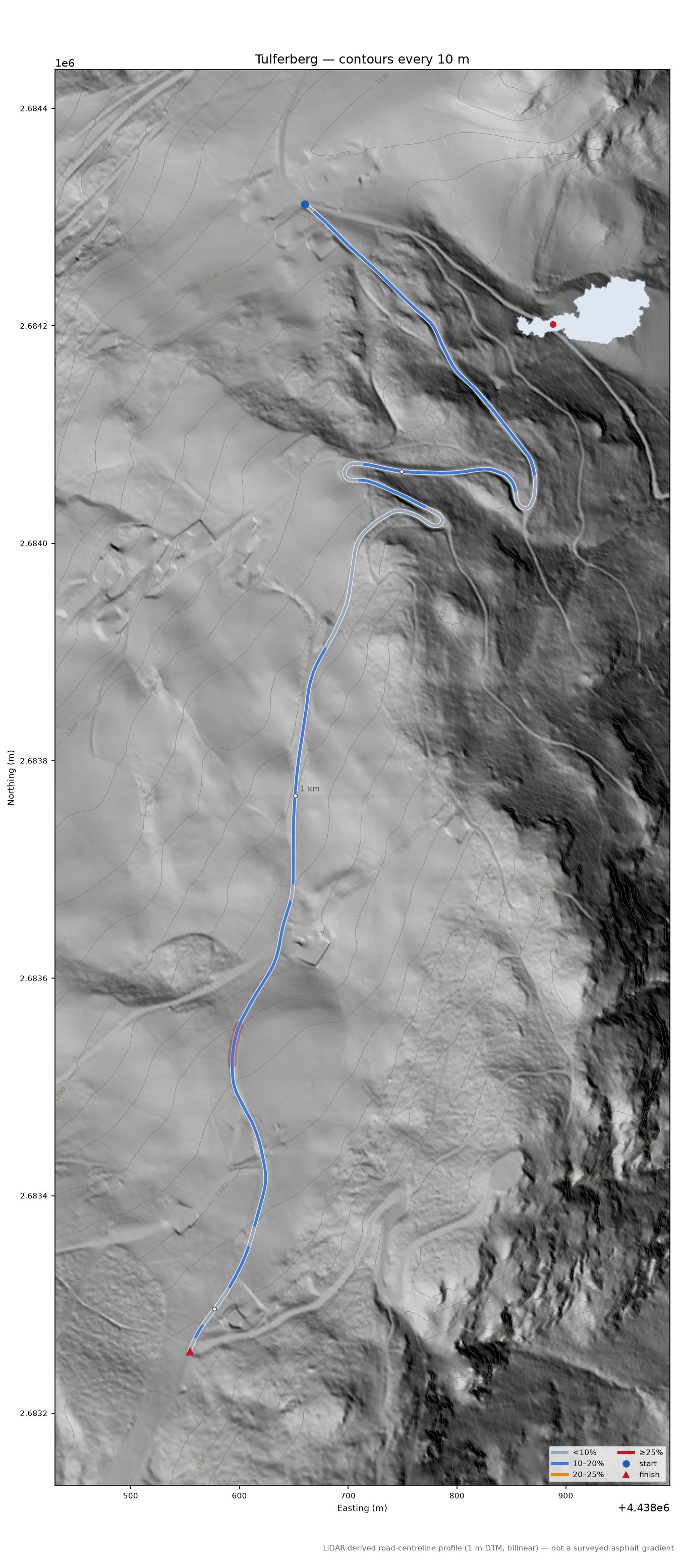 Tulferberg LiDAR hillshade map with contours