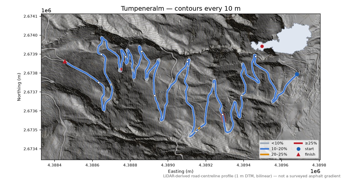 Tumpeneralm LiDAR hillshade map with contours