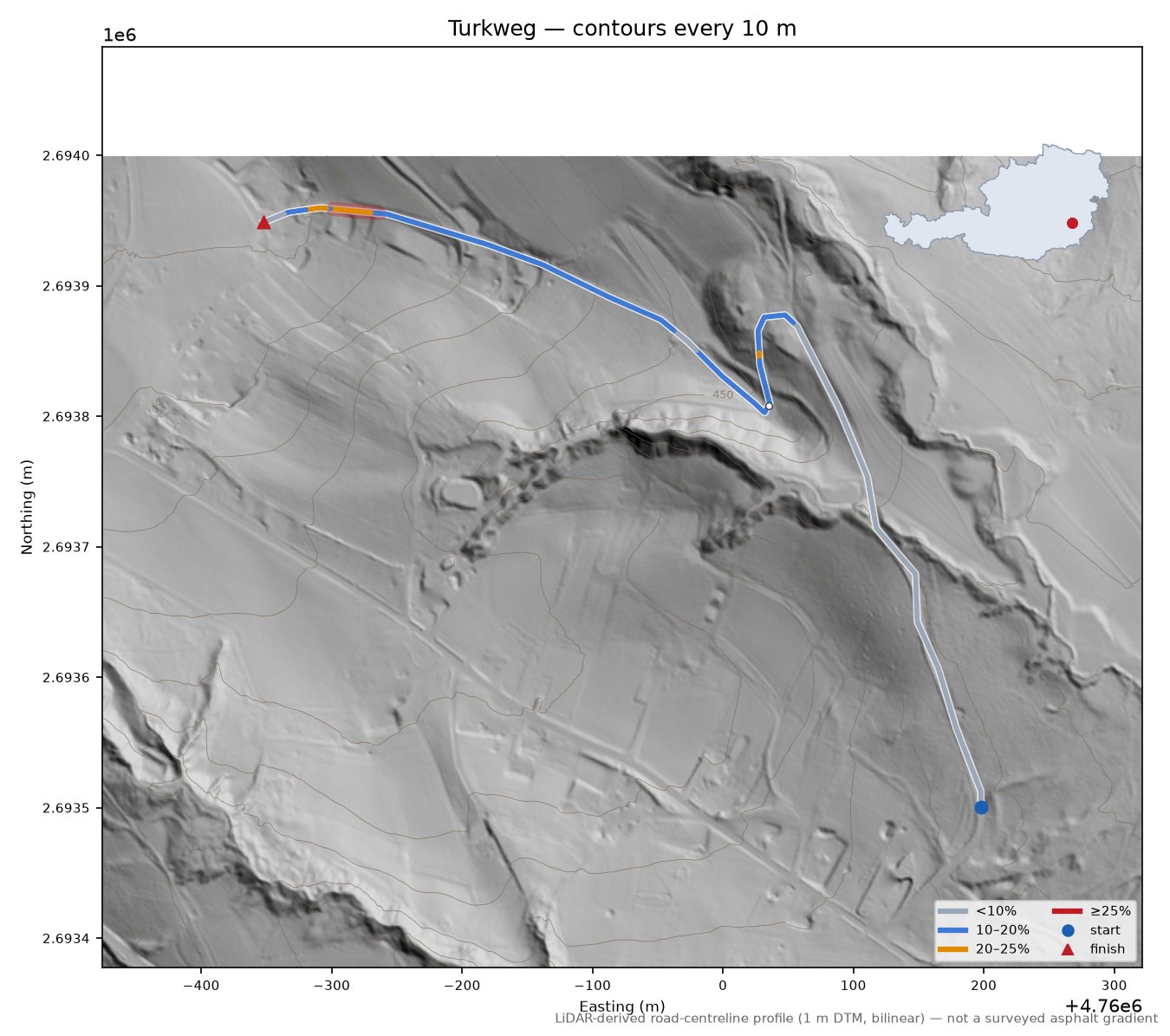 Turkweg LiDAR hillshade map with contours