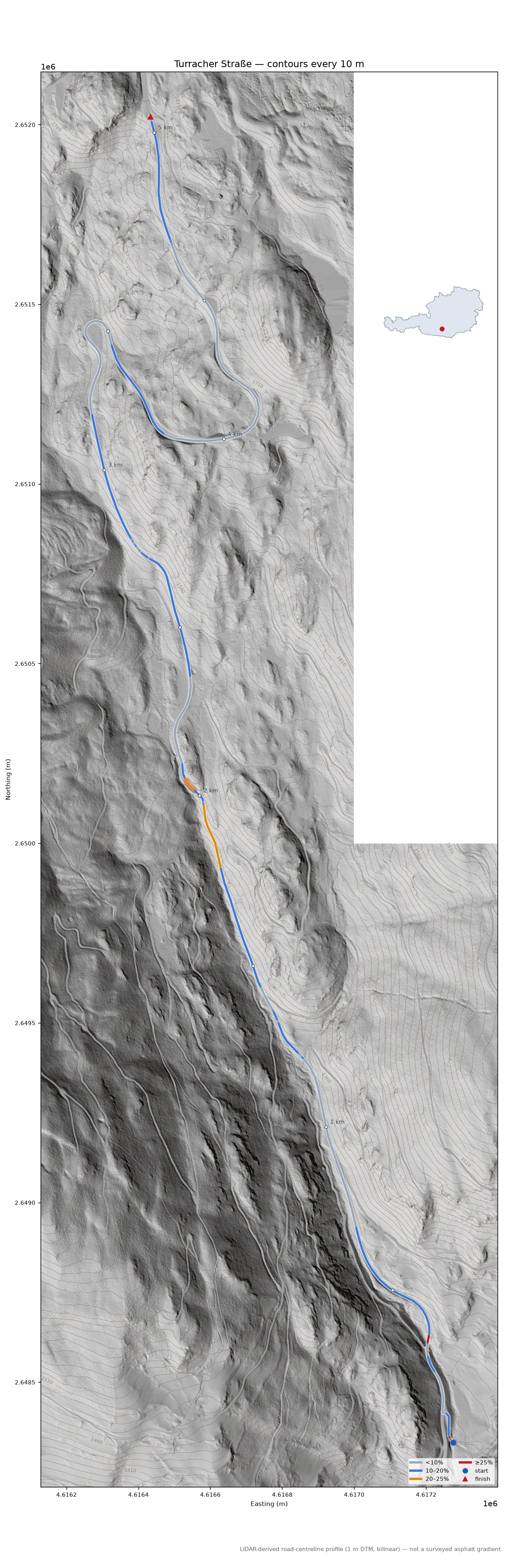 Turracher Straße LiDAR hillshade map with contours