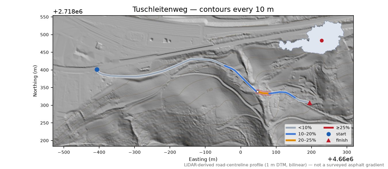 Tuschleitenweg LiDAR hillshade map with contours
