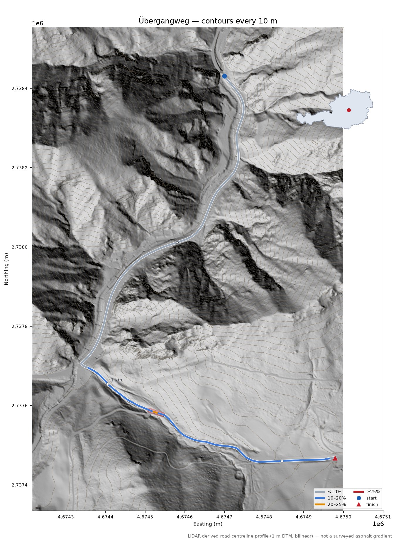 Übergangweg LiDAR hillshade map with contours
