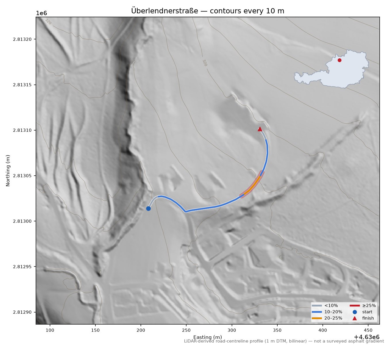 Überlendnerstraße LiDAR hillshade map with contours