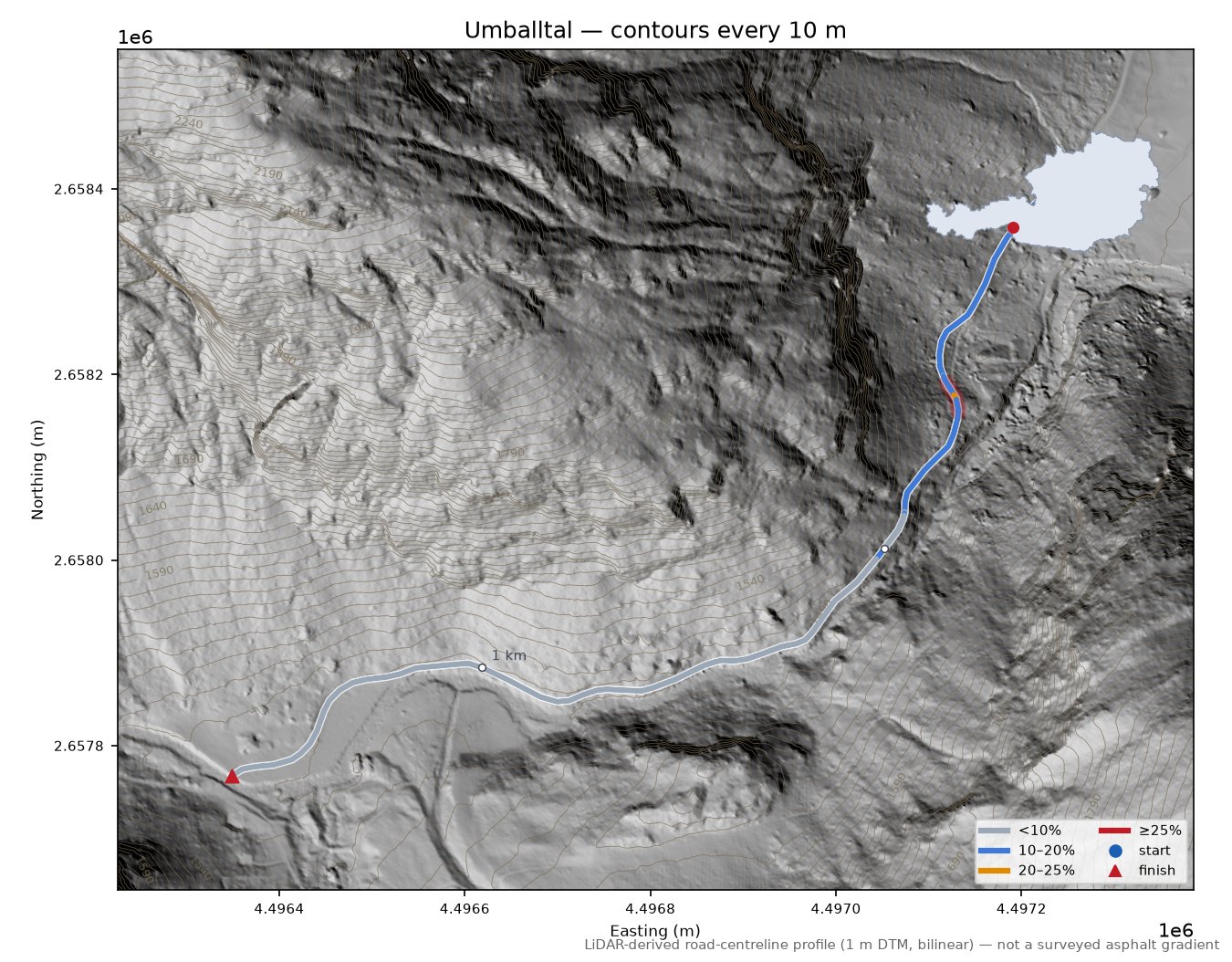 Umballtal LiDAR hillshade map with contours