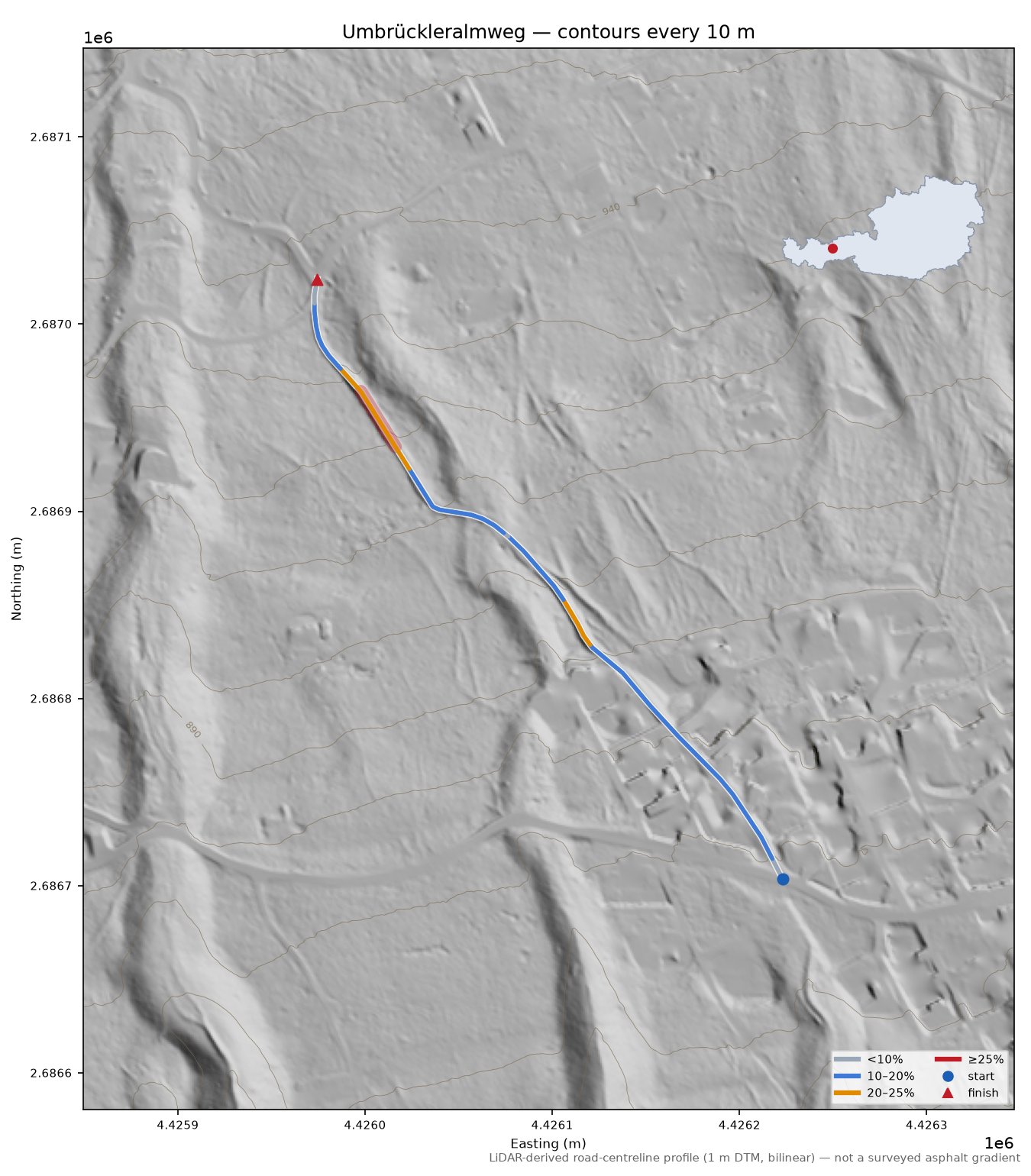 Umbrückleralmweg LiDAR hillshade map with contours