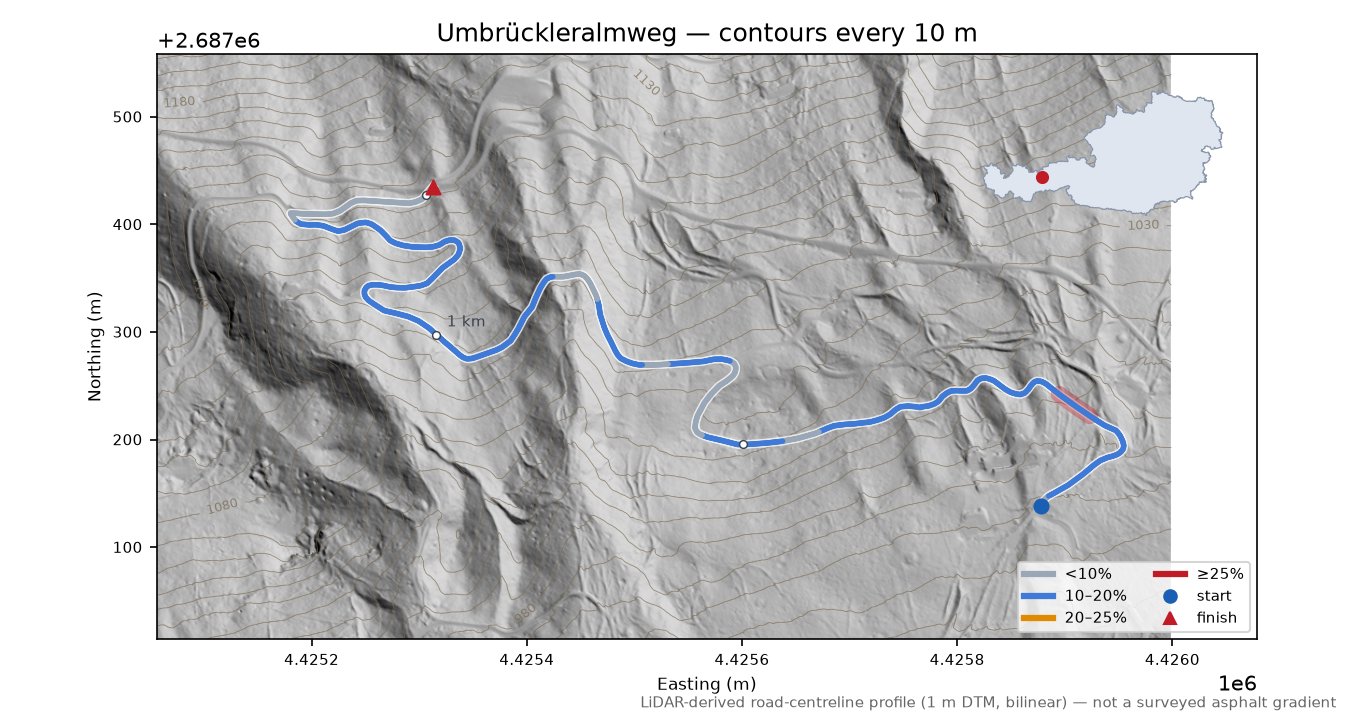 Umbrückleralmweg LiDAR hillshade map with contours