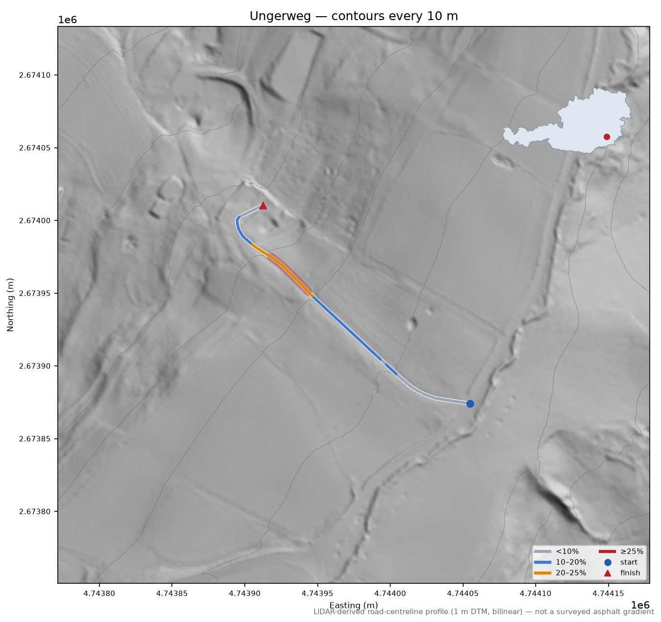 Ungerweg LiDAR hillshade map with contours