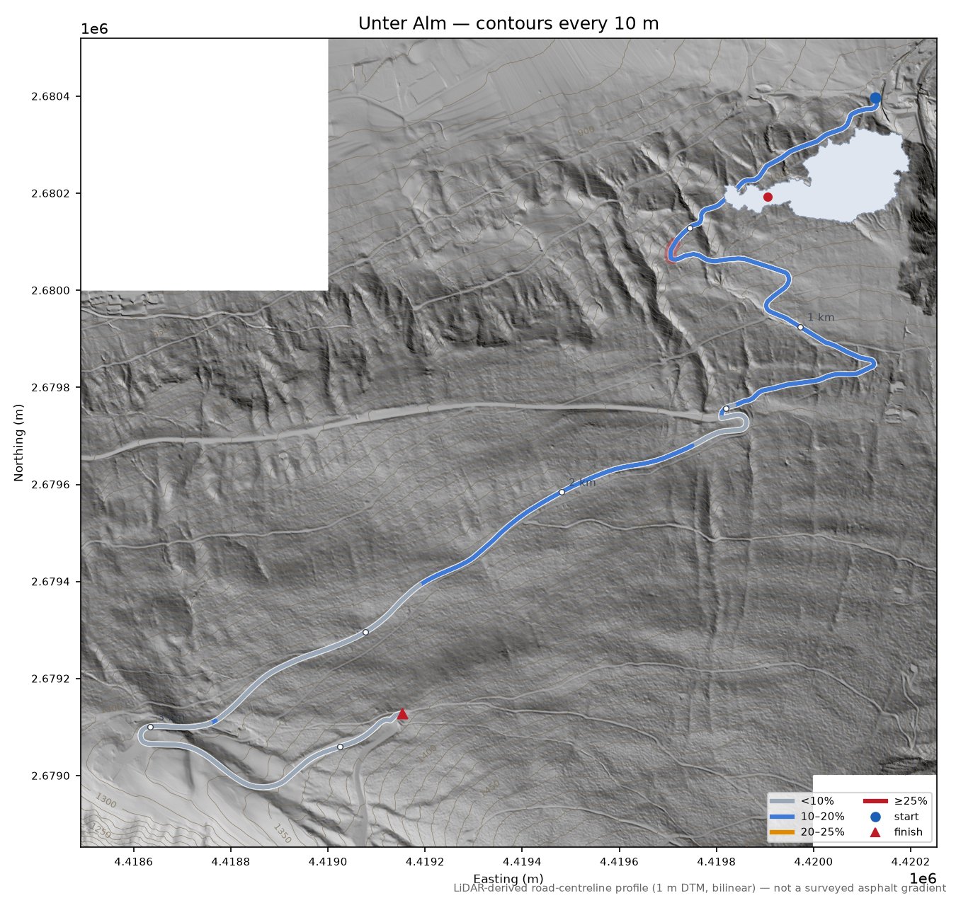 Unter Alm LiDAR hillshade map with contours