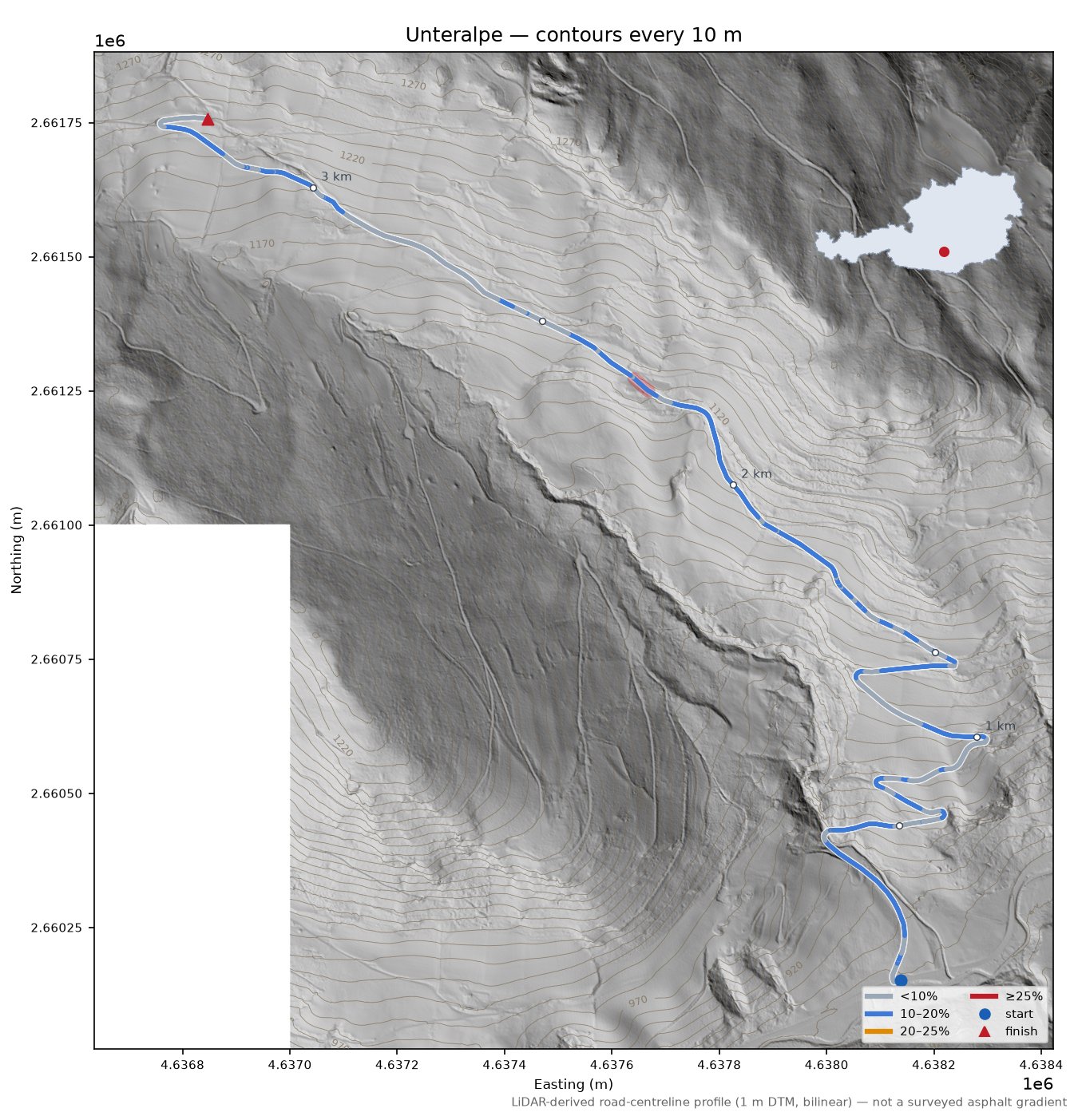 Unteralpe LiDAR hillshade map with contours