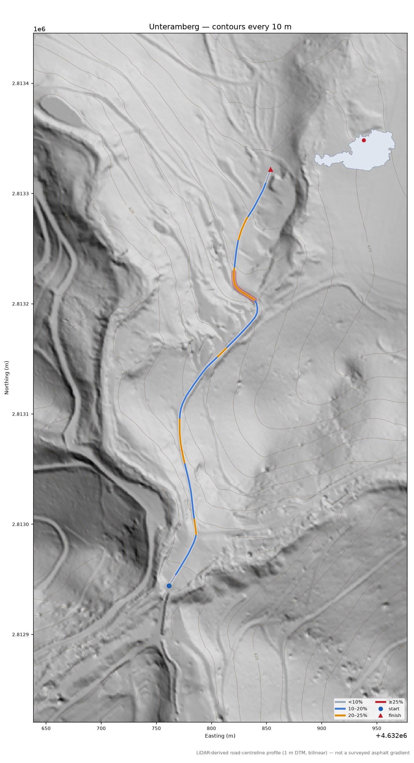 Unteramberg LiDAR hillshade map with contours