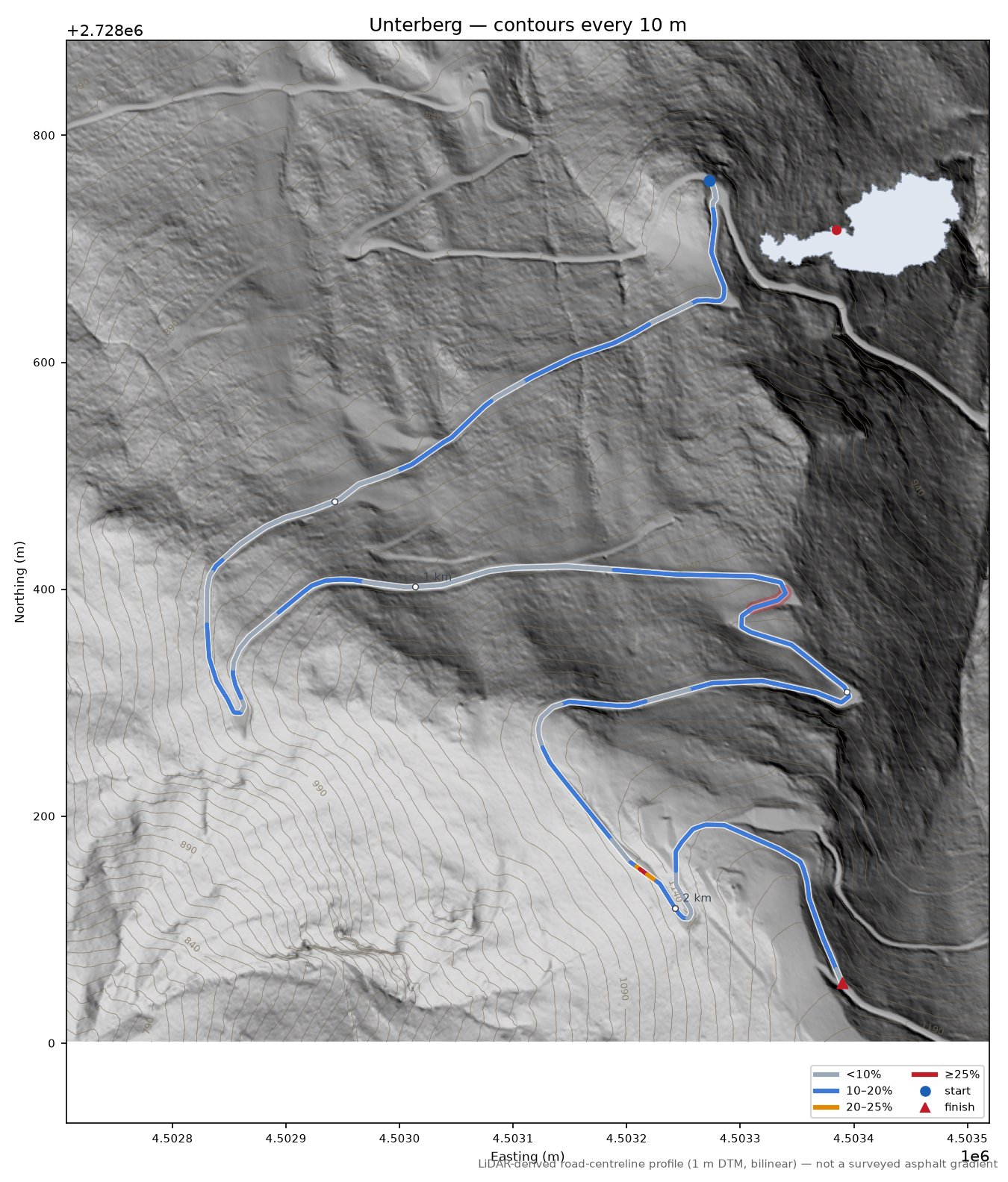 Unterberg LiDAR hillshade map with contours