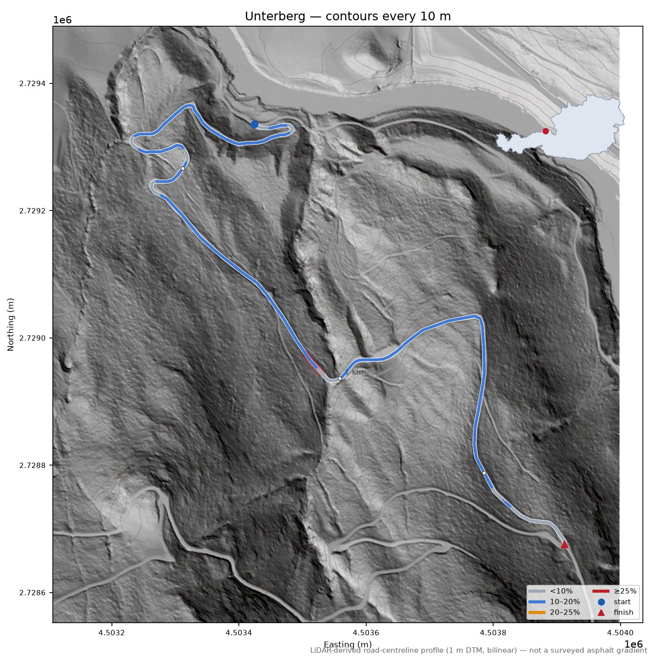 Unterberg LiDAR hillshade map with contours