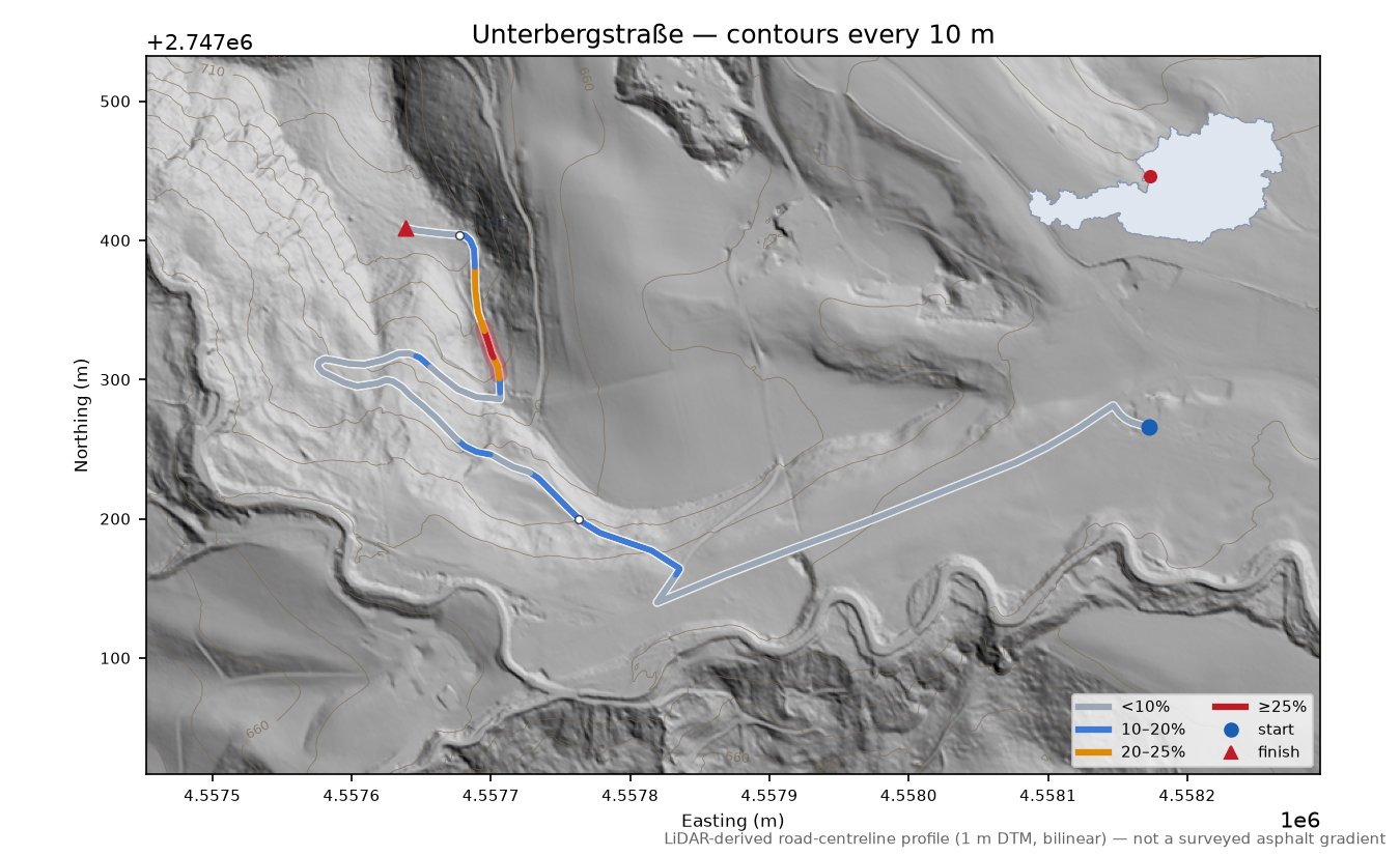 Unterbergstraße LiDAR hillshade map with contours